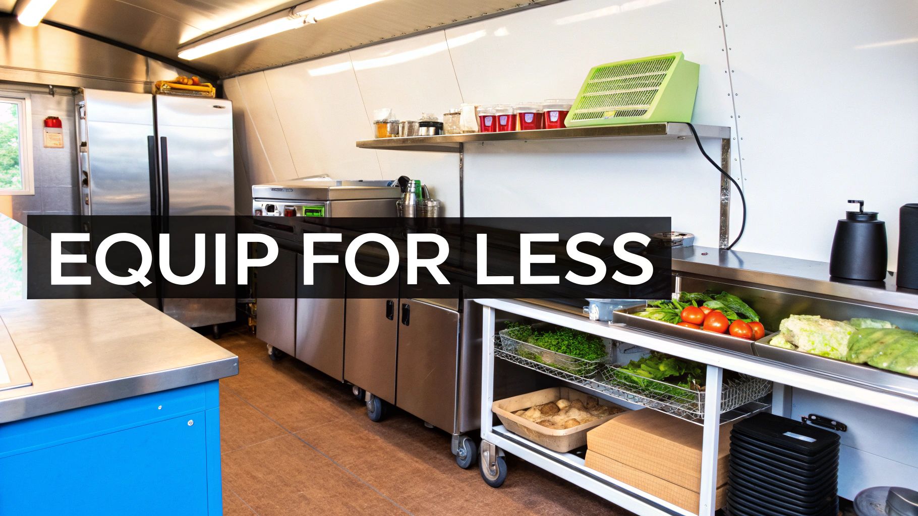 A clean, well-stocked commercial kitchen with stainless steel equipment and fresh produce.
