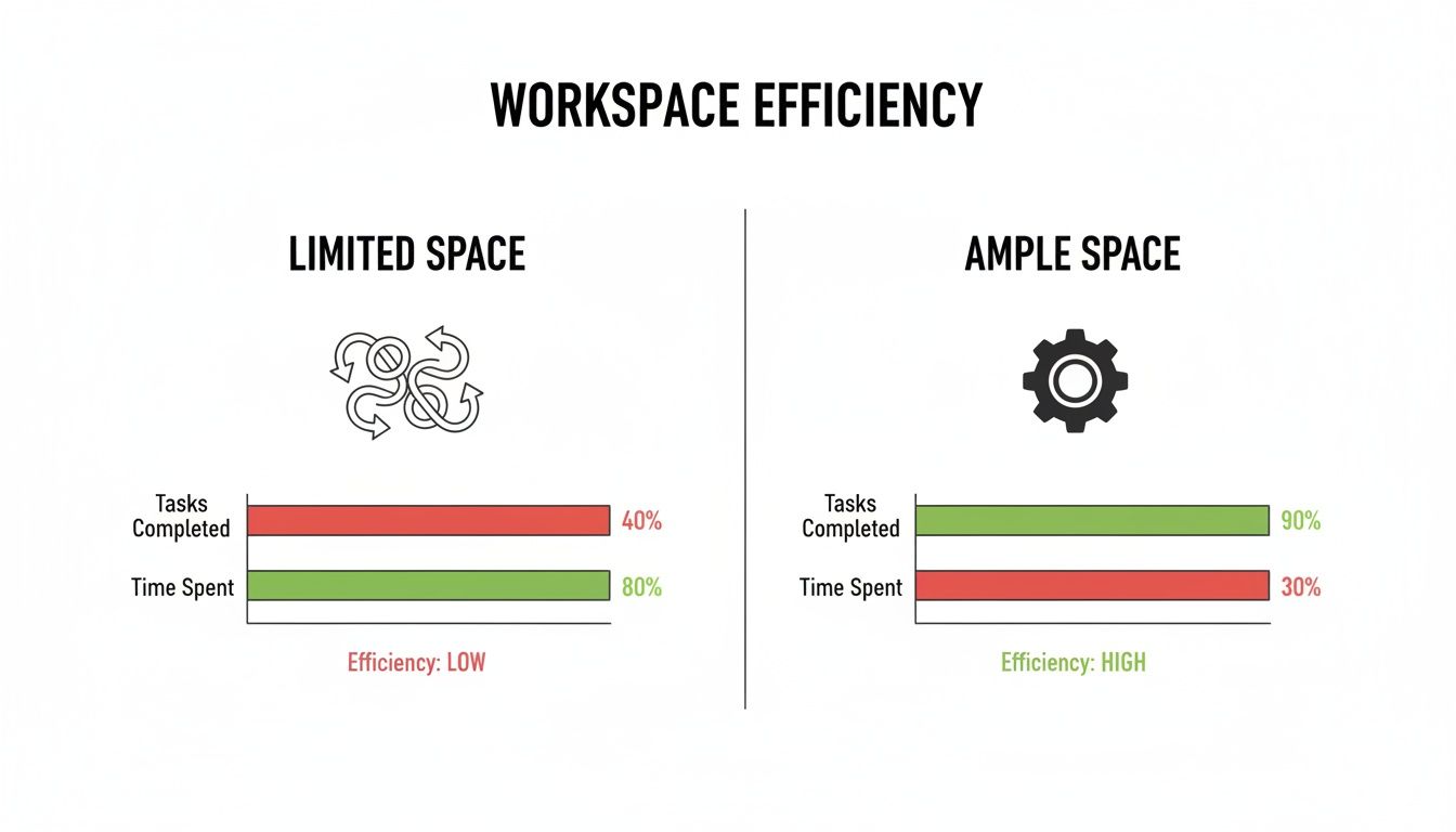 Infographic comparing workspace efficiency, showing limited space with low task completion and high time spent versus ample space with high task completion and low time spent.