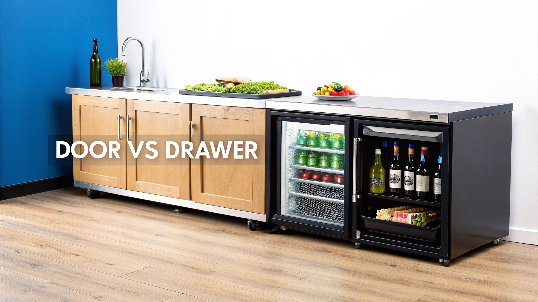 Modern undercounter bar setup with stainless steel counter, sink, and two beverage coolers.