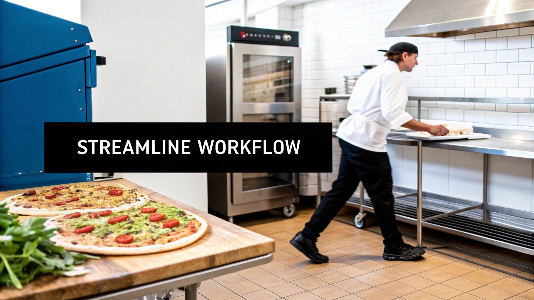 Chef in a modern commercial kitchen preparing food, with fresh pizzas and ingredients on a wooden counter.