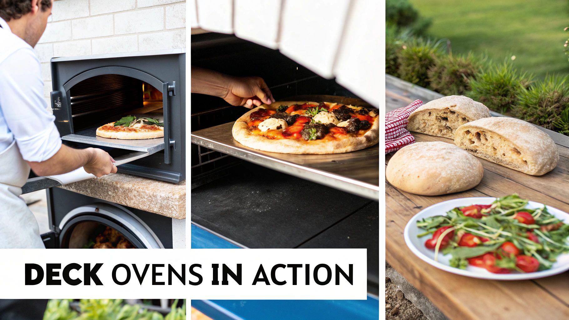 A collage showcasing people baking pizzas in outdoor deck ovens, alongside fresh artisan bread and a green salad.