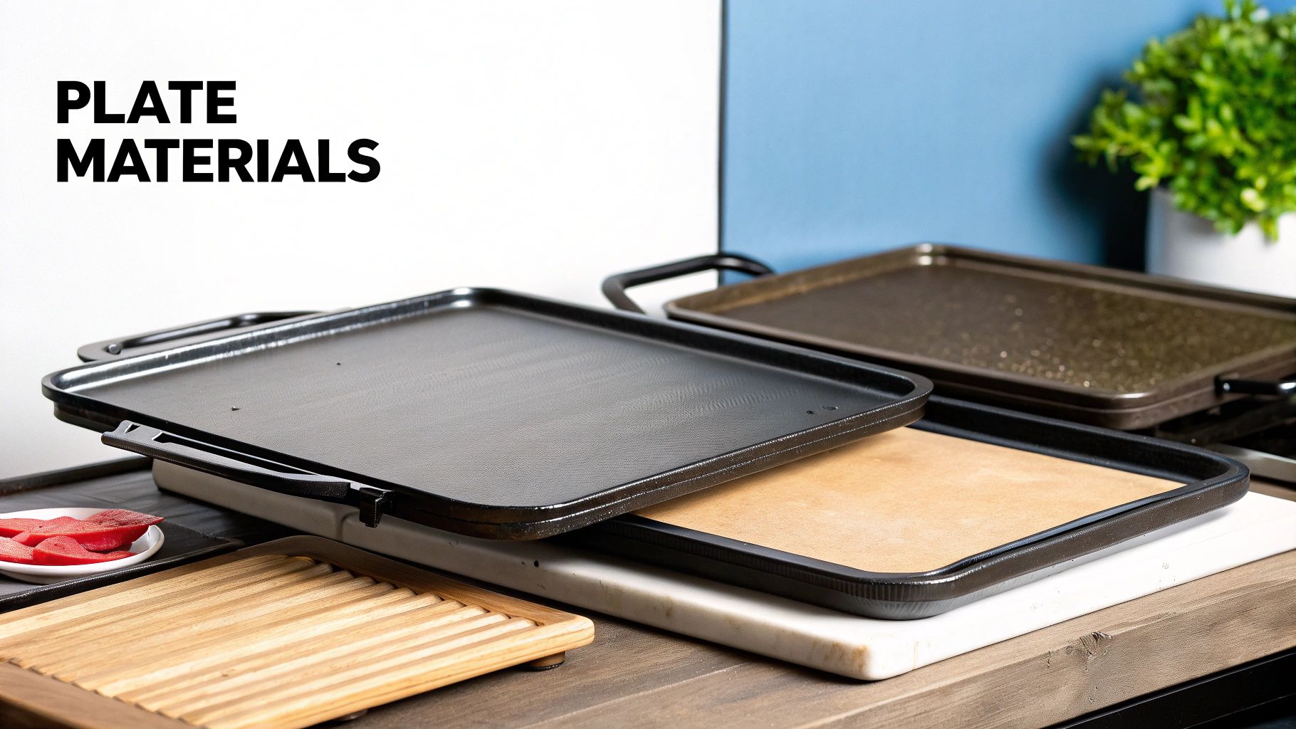 Multiple griddle plates showcasing various surface materials, including black, brown, and light-colored options.