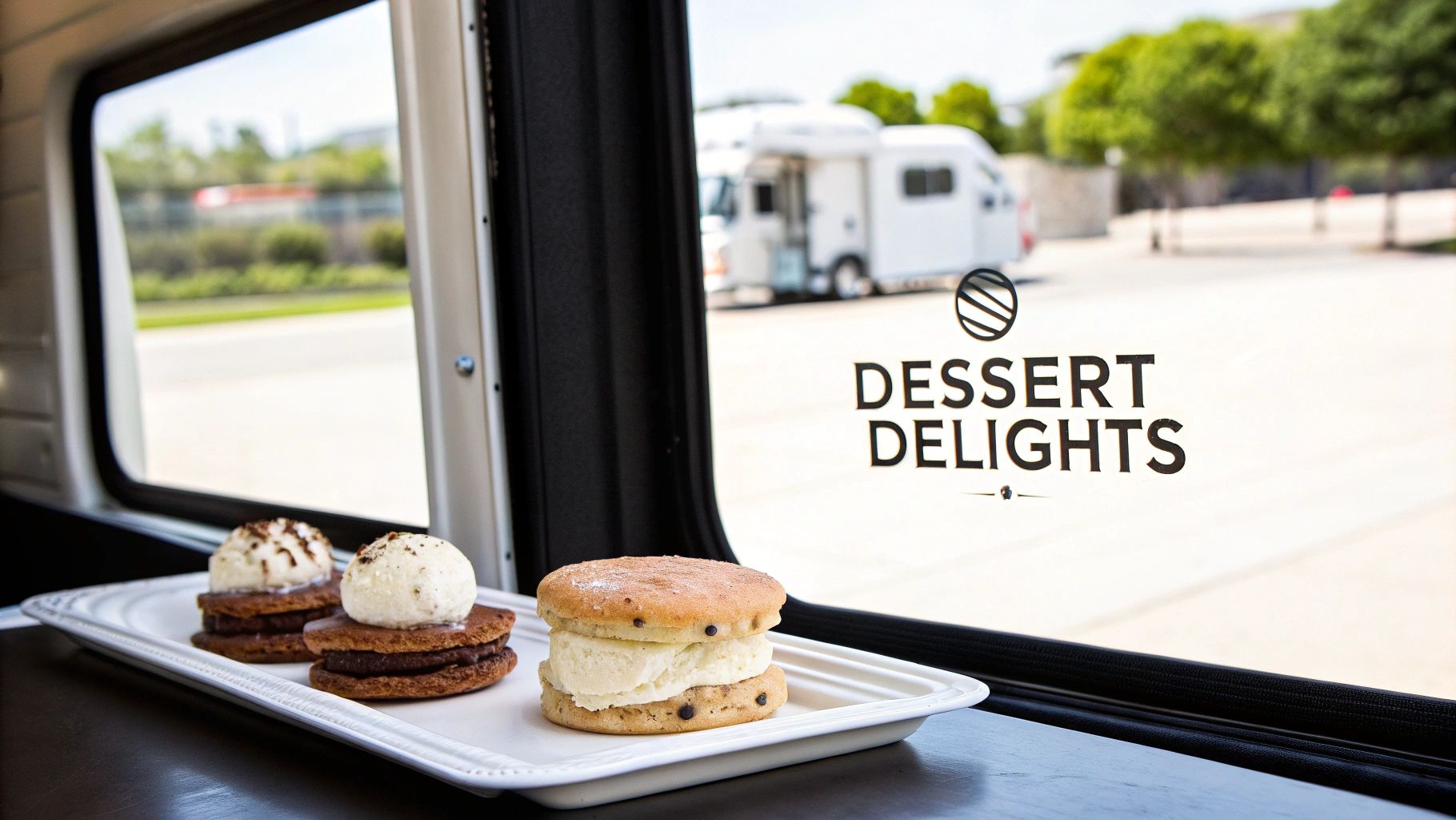 Delicious ice cream dessert sandwiches on a white tray, viewed from inside a food truck, with a 'Dessert Delights' logo on the window.