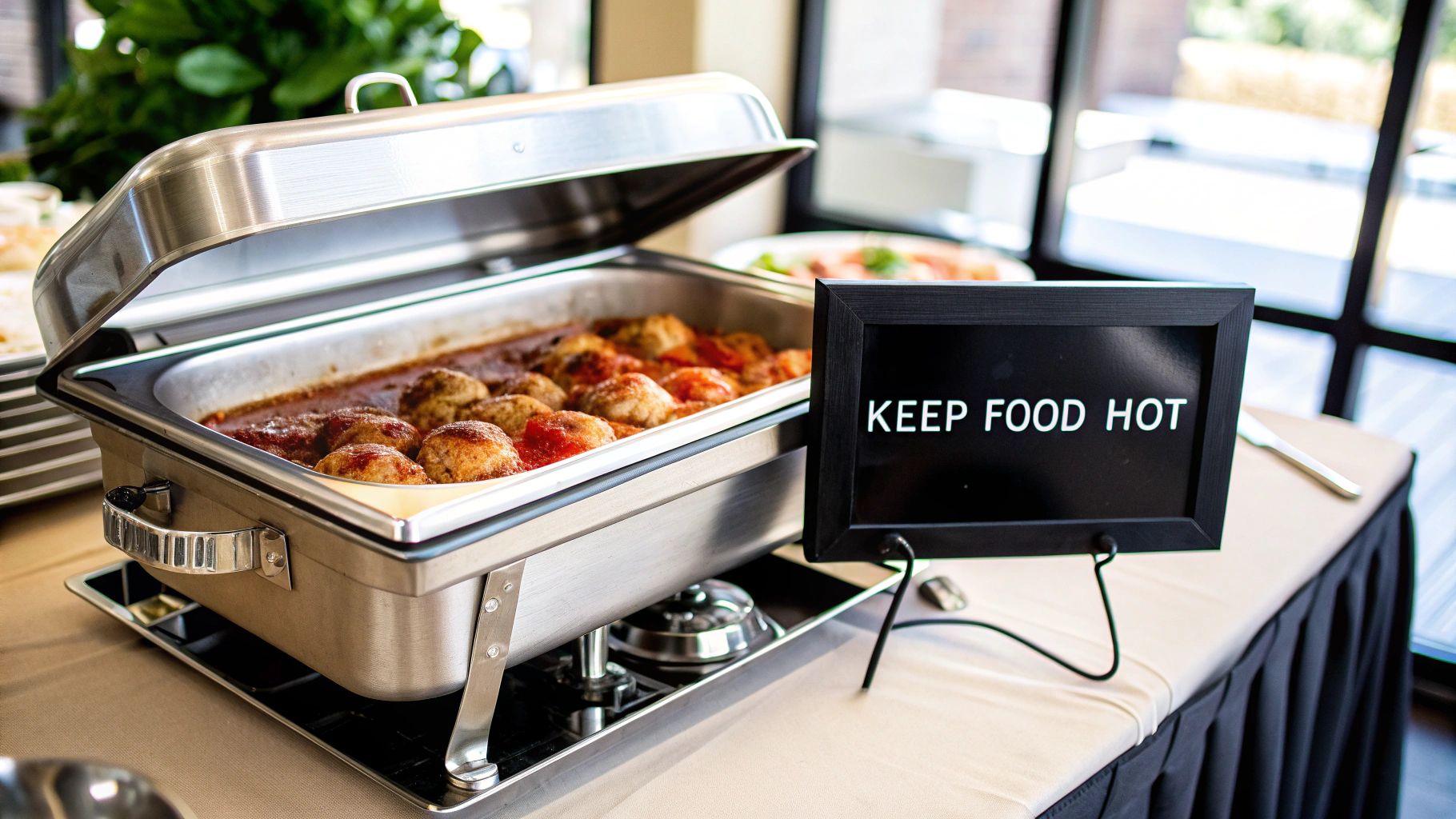 A stainless steel chafing dish filled with meatballs in red sauce, alongside a "KEEP FOOD HOT" sign.