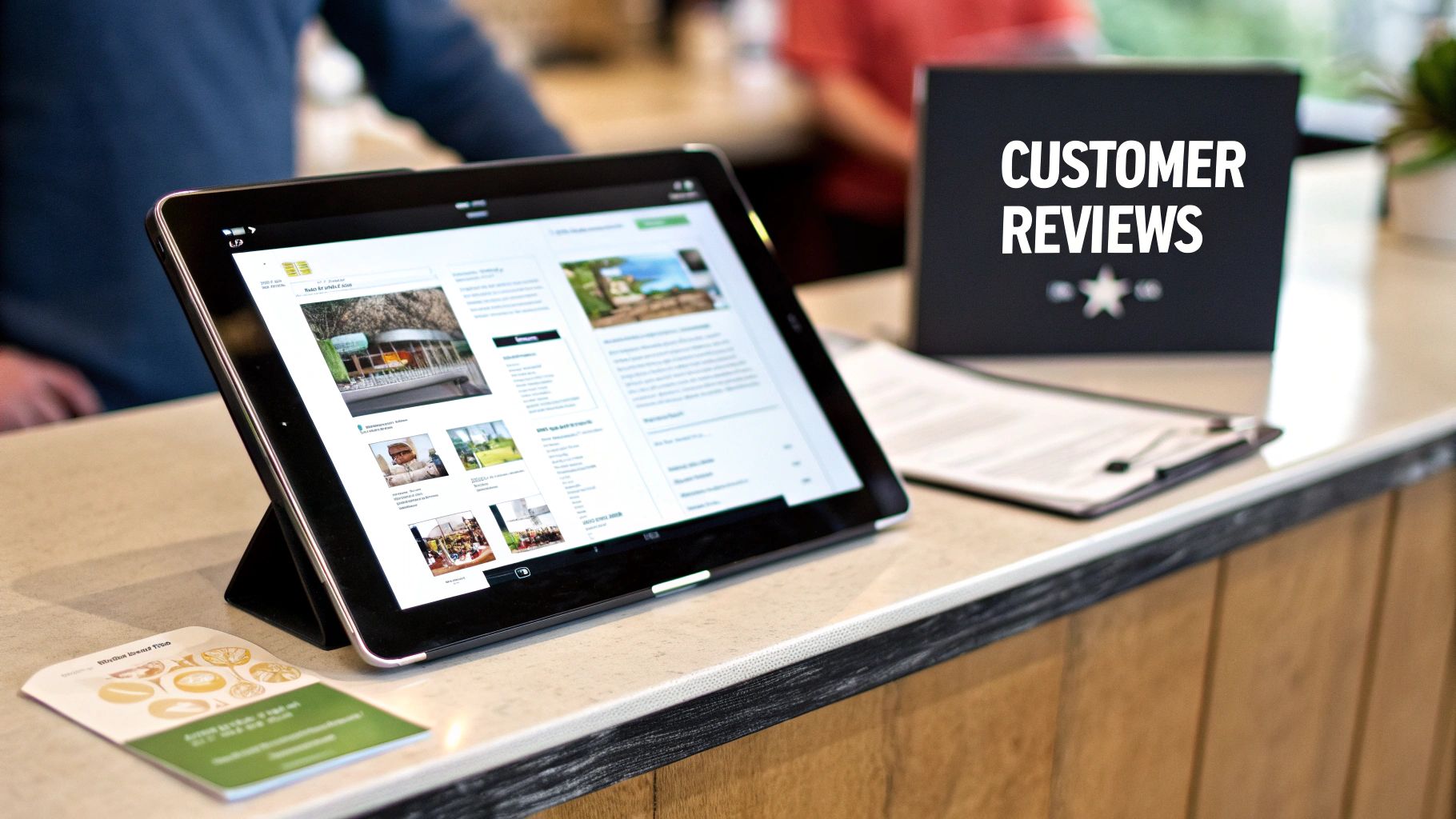 A tablet on a counter displaying a website, next to a "CUSTOMER REVIEWS" sign and a brochure.