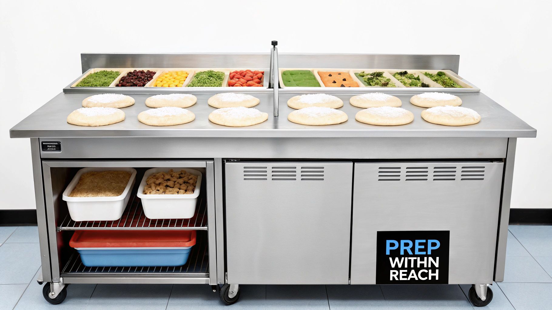 A stainless steel commercial prep table with pizza dough, assorted toppings, and ingredient storage below.