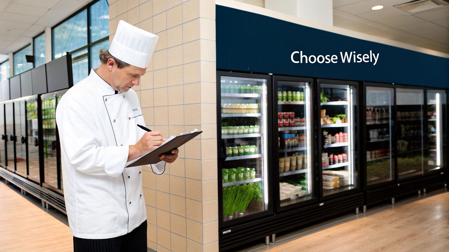 A chef in a white uniform writes on a clipboard, standing by commercial refrigerators filled with food.