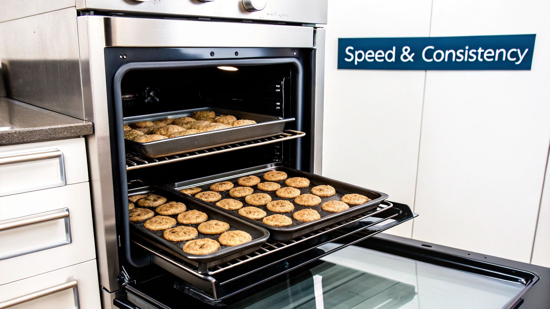 Multiple trays of golden brown cookies baking inside a modern convection oven.