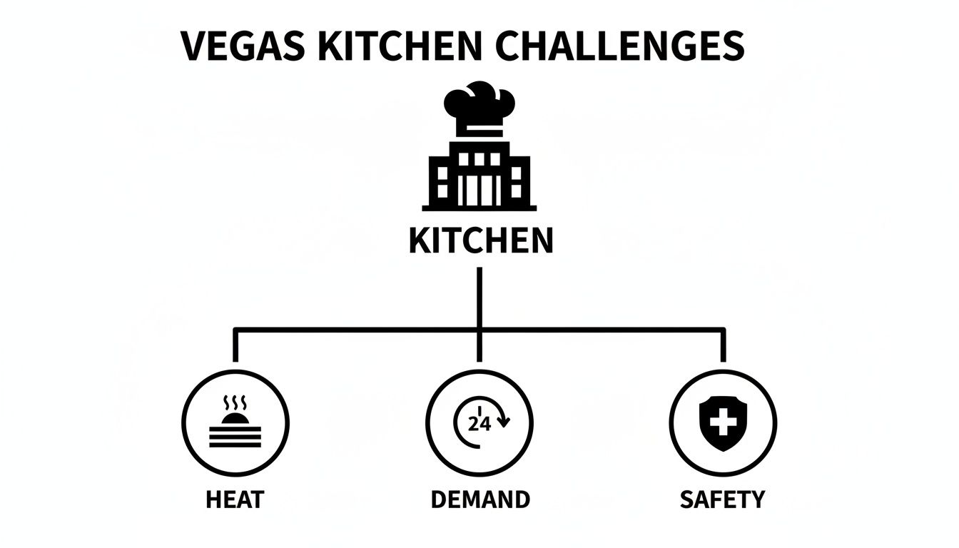 Diagram illustrating Vegas kitchen challenges with icons for heat, demand, and safety.