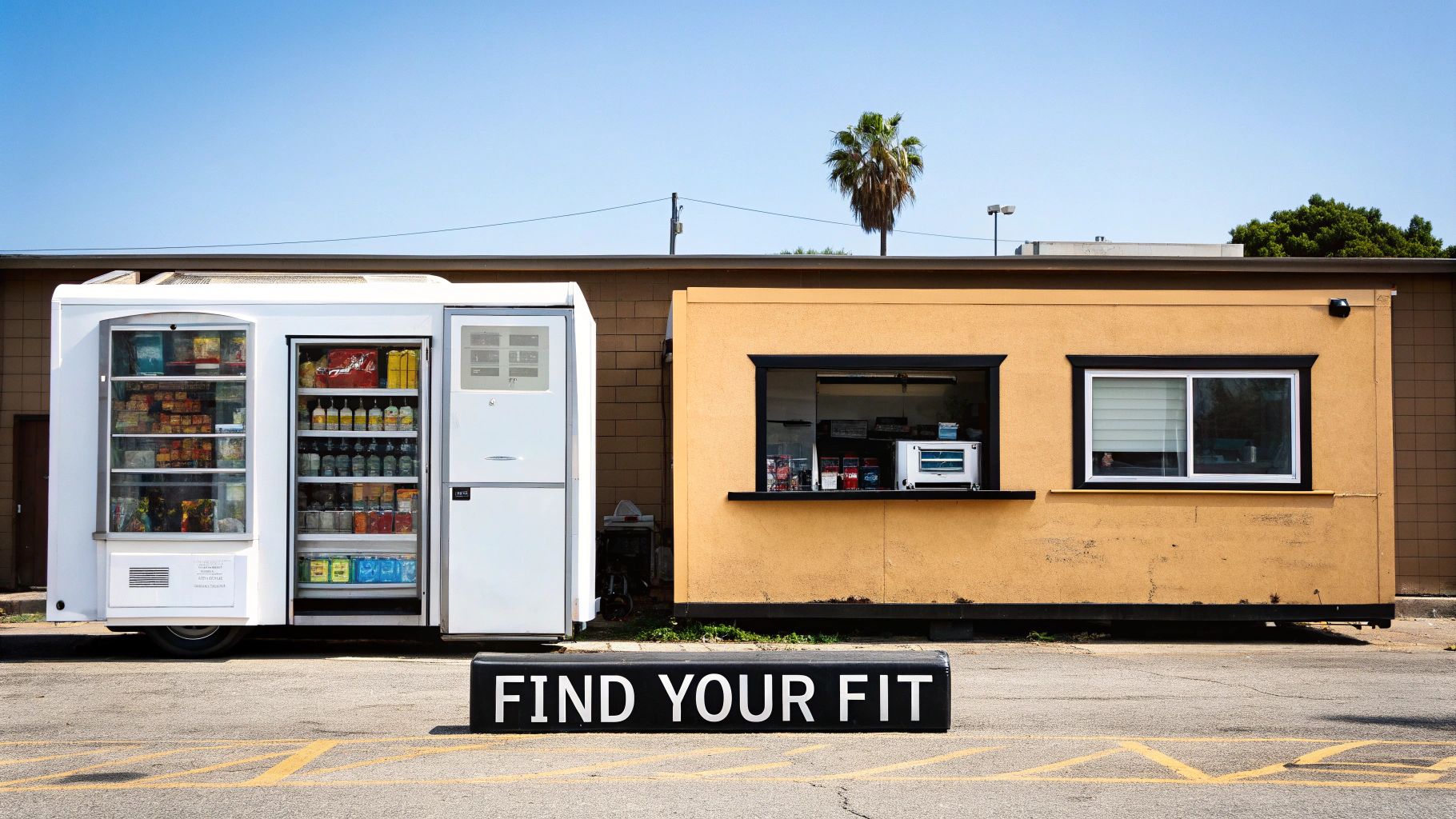 A white automated retail trailer filled with commercial refrigerators next to a yellow building.