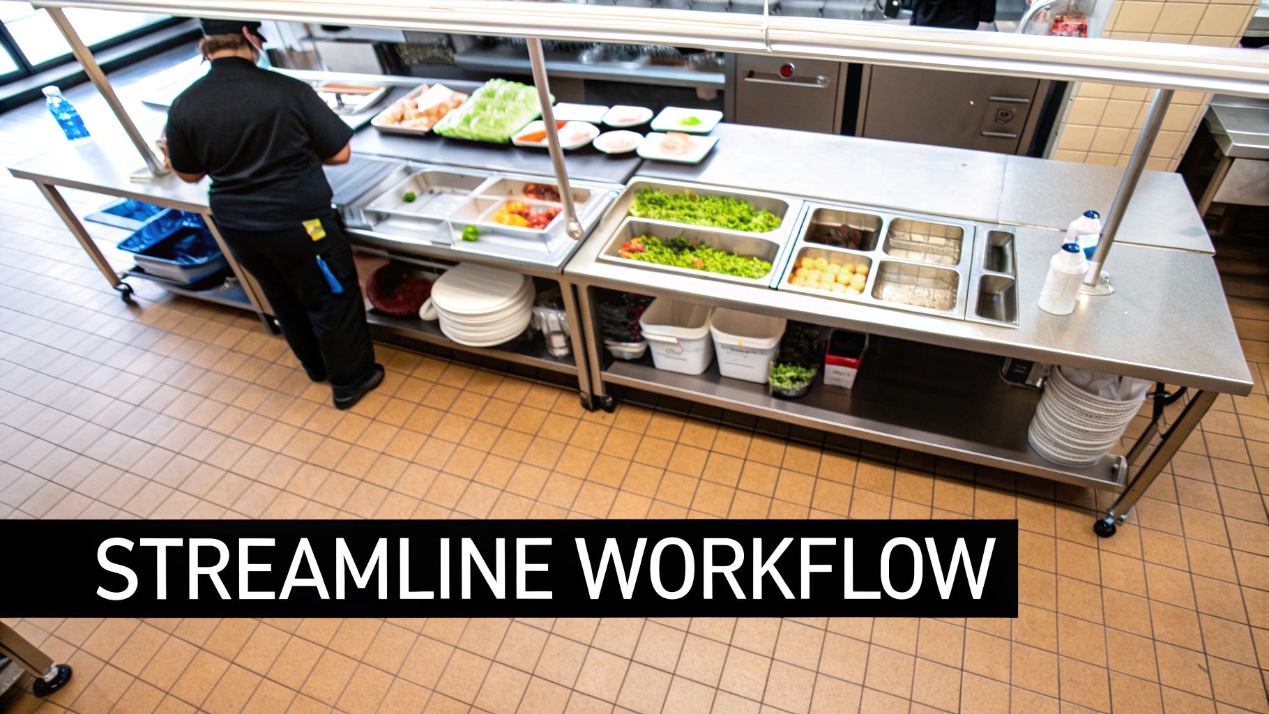 A chef efficiently prepares fresh ingredients on a commercial stainless steel prep table in a busy kitchen.