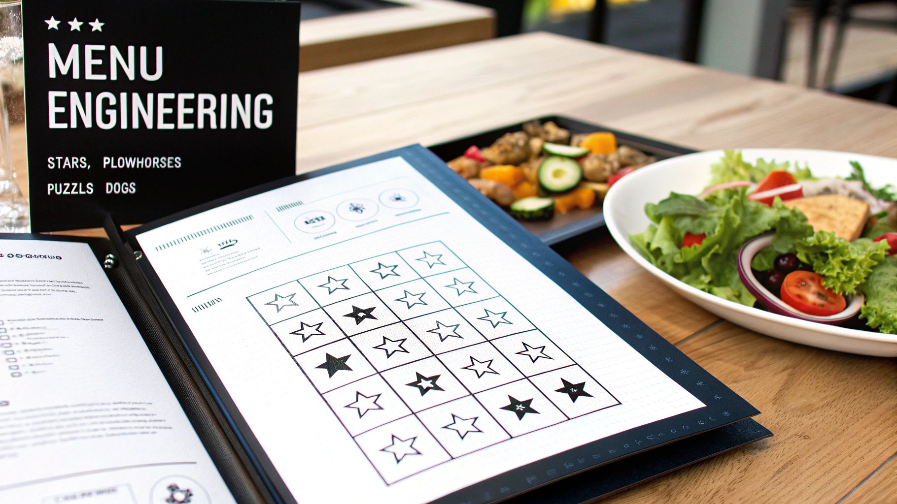 A 'Menu Engineering' sign, an open menu displaying star ratings, and healthy food on a wooden table.