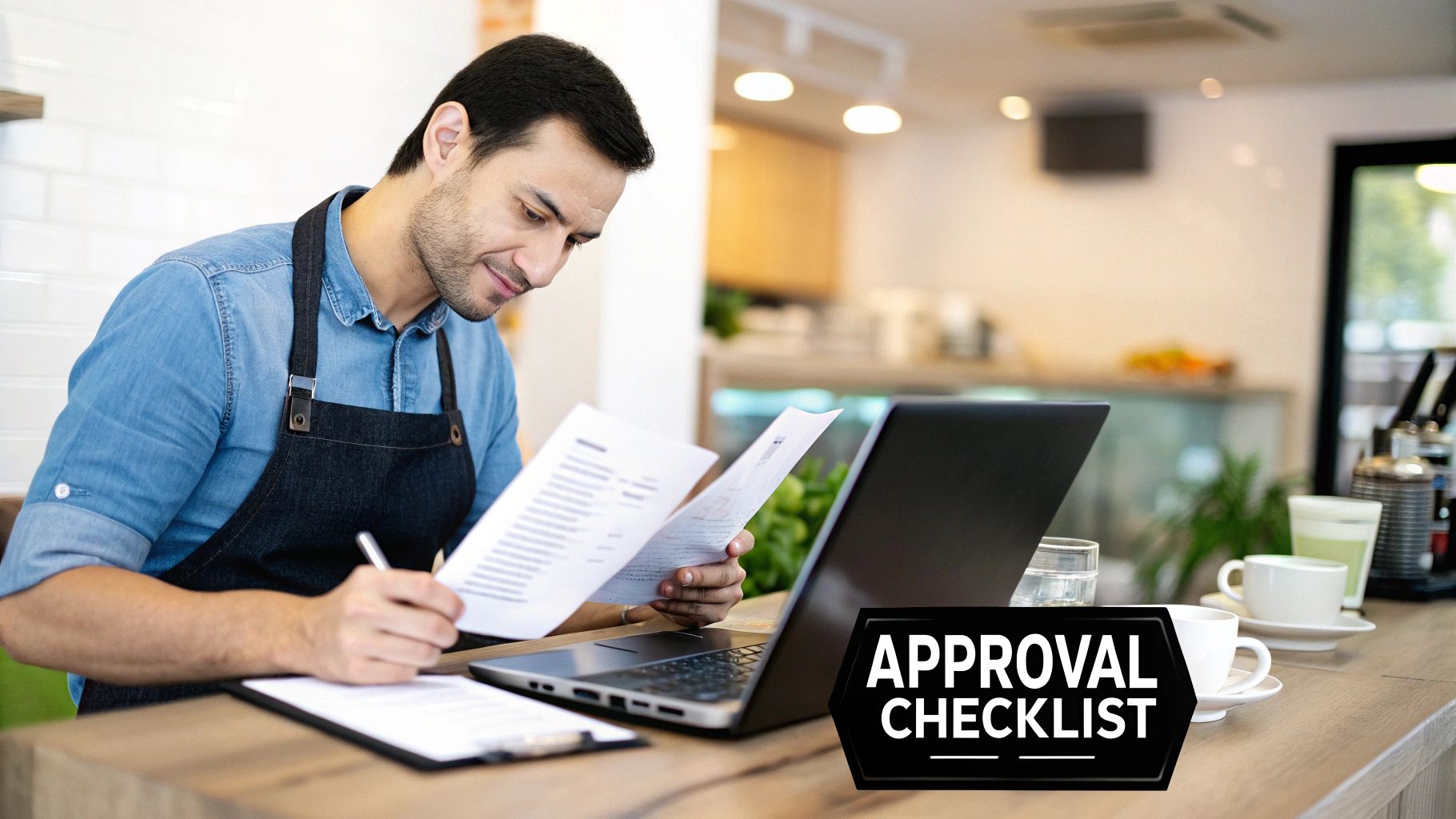 A cafe owner in an apron reviews approval checklist documents and writes notes at a counter with a laptop.
