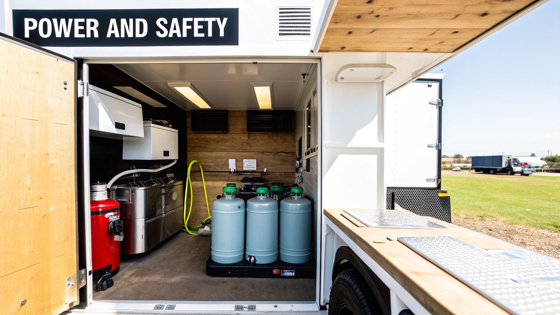 Interior view of a mobile kitchen or food truck, featuring stainless steel equipment, gas cylinders, and a fire extinguisher. 'POWER AND SAFETY' text is visible.