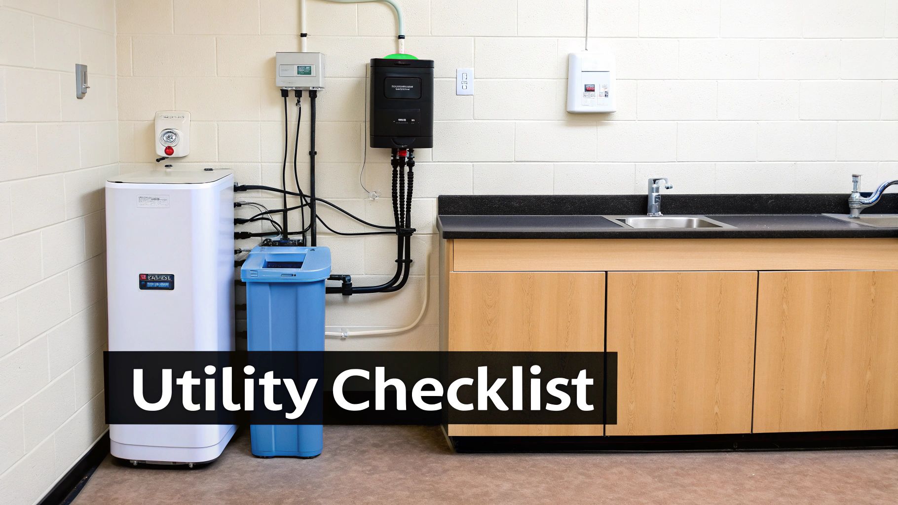 A utility room featuring a large white water heater, a blue water softener, and a counter with two sinks.