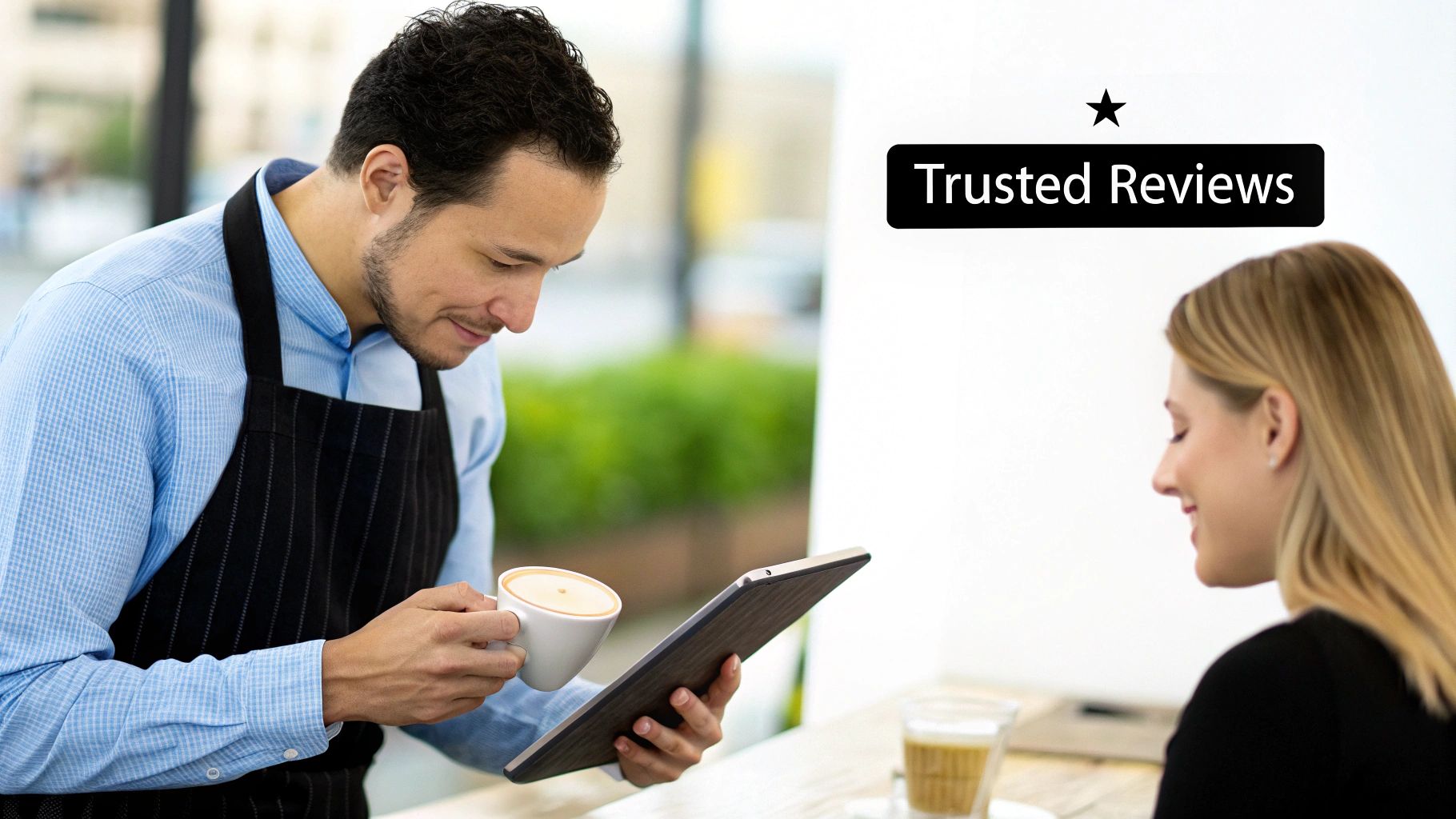 A smiling barista serves a coffee and checks a tablet for a happy customer at an outdoor cafe.