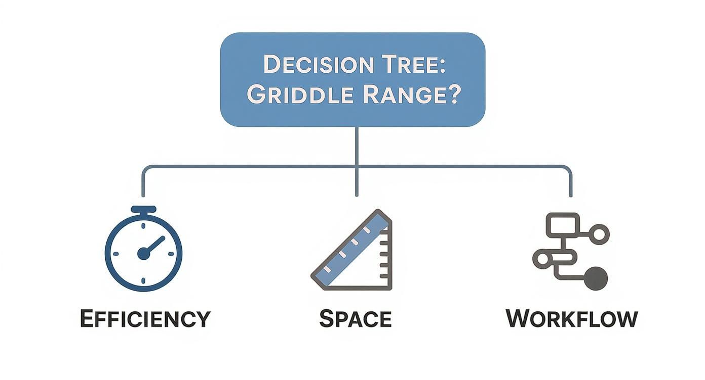 A decision tree diagram illustrating factors for choosing a griddle range: efficiency, space, and workflow.