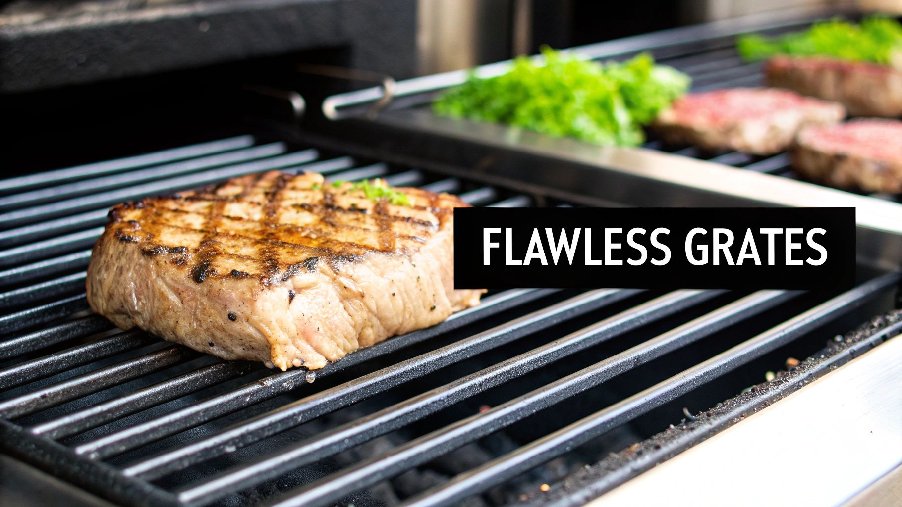 A thick cut of steak with perfect grill marks cooking on clean, flawless grill grates.