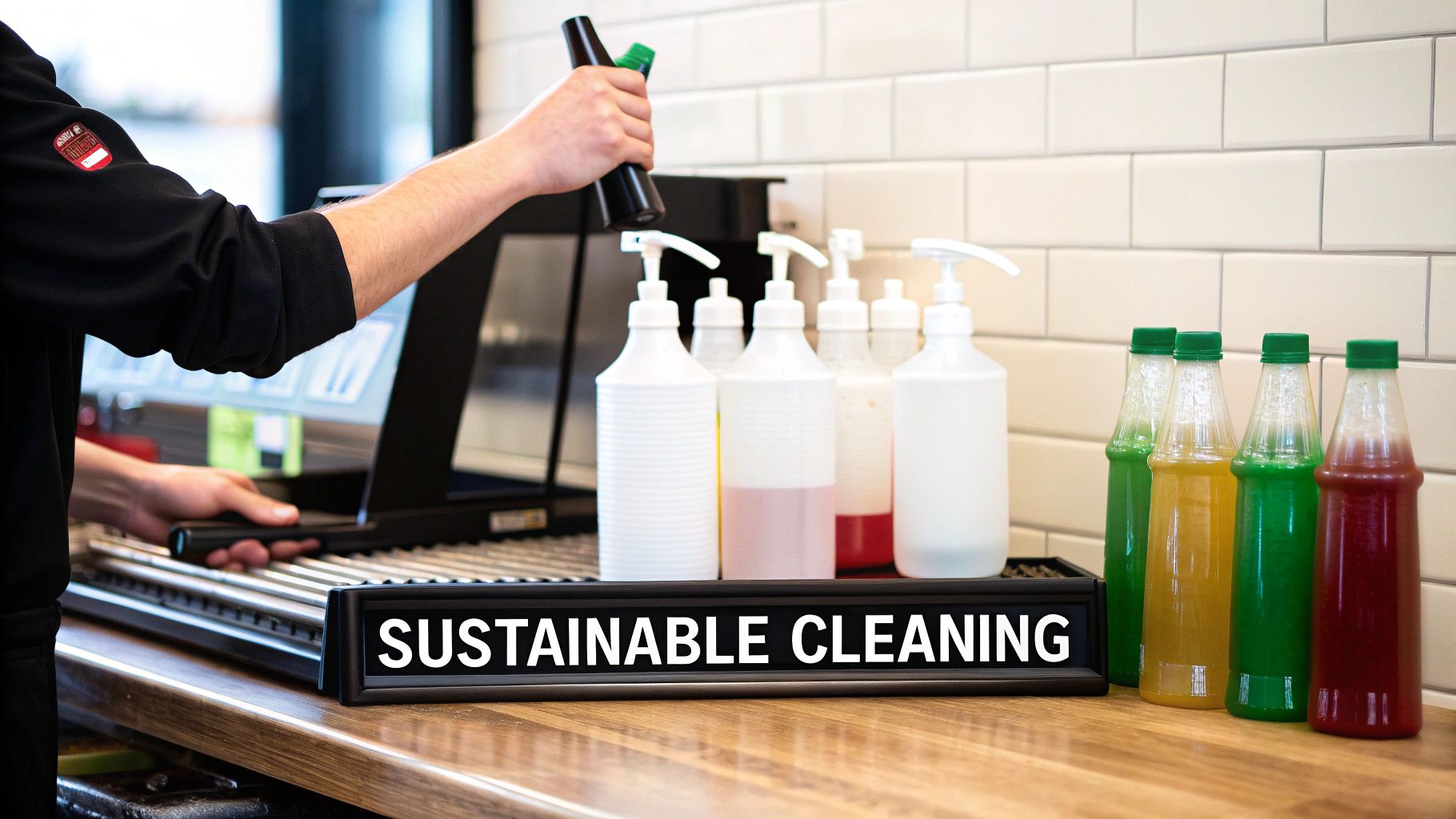 Person handling concentrated solutions and bulk dispensers for sustainable restaurant cleaning supplies.