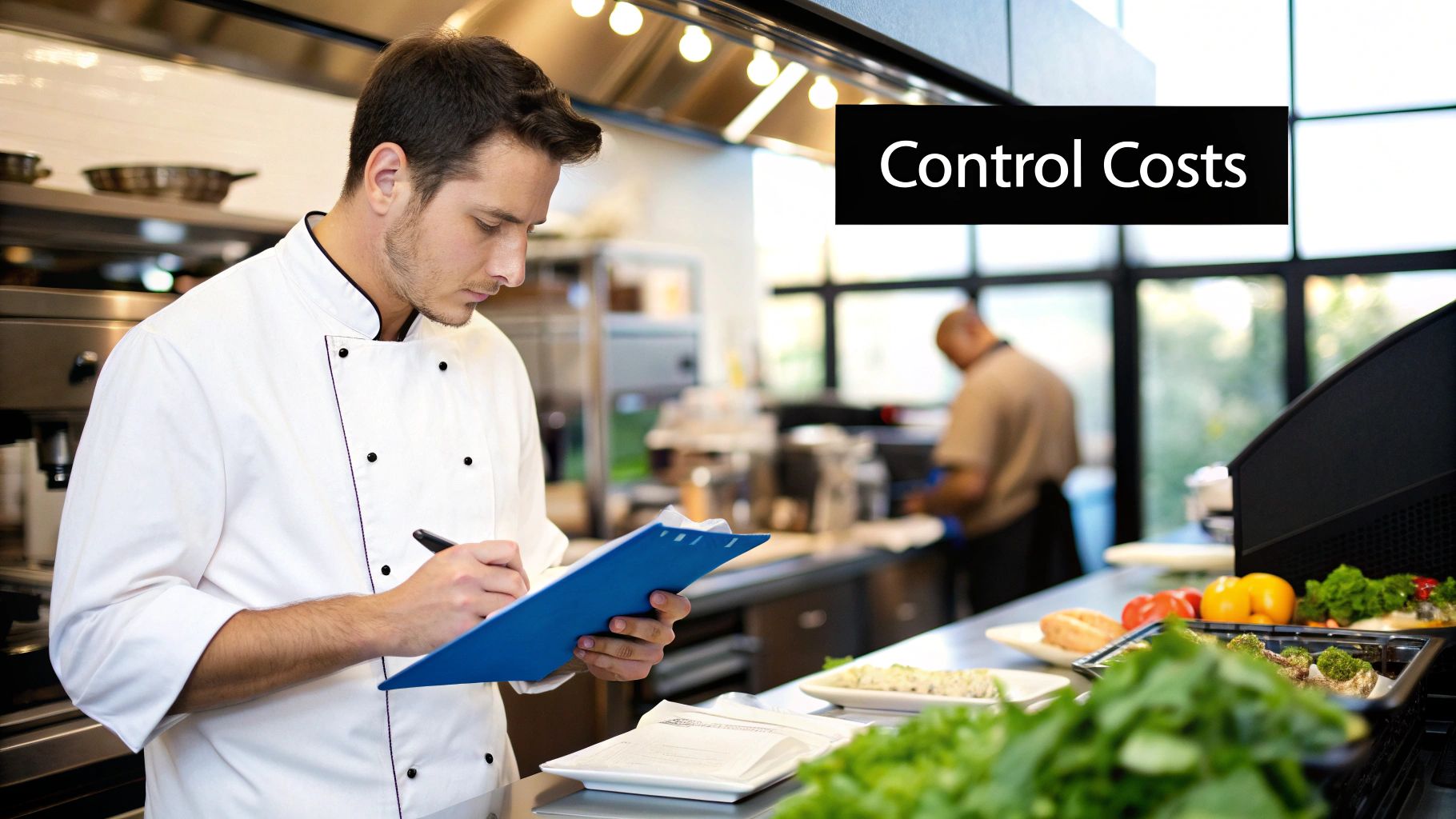 A chef using a digital scale to weigh ingredients for precise portion control.