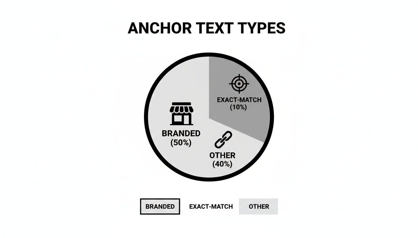 A pie chart illustrates anchor text types: Branded (50%), Other (40%), and Exact-Match (10%).