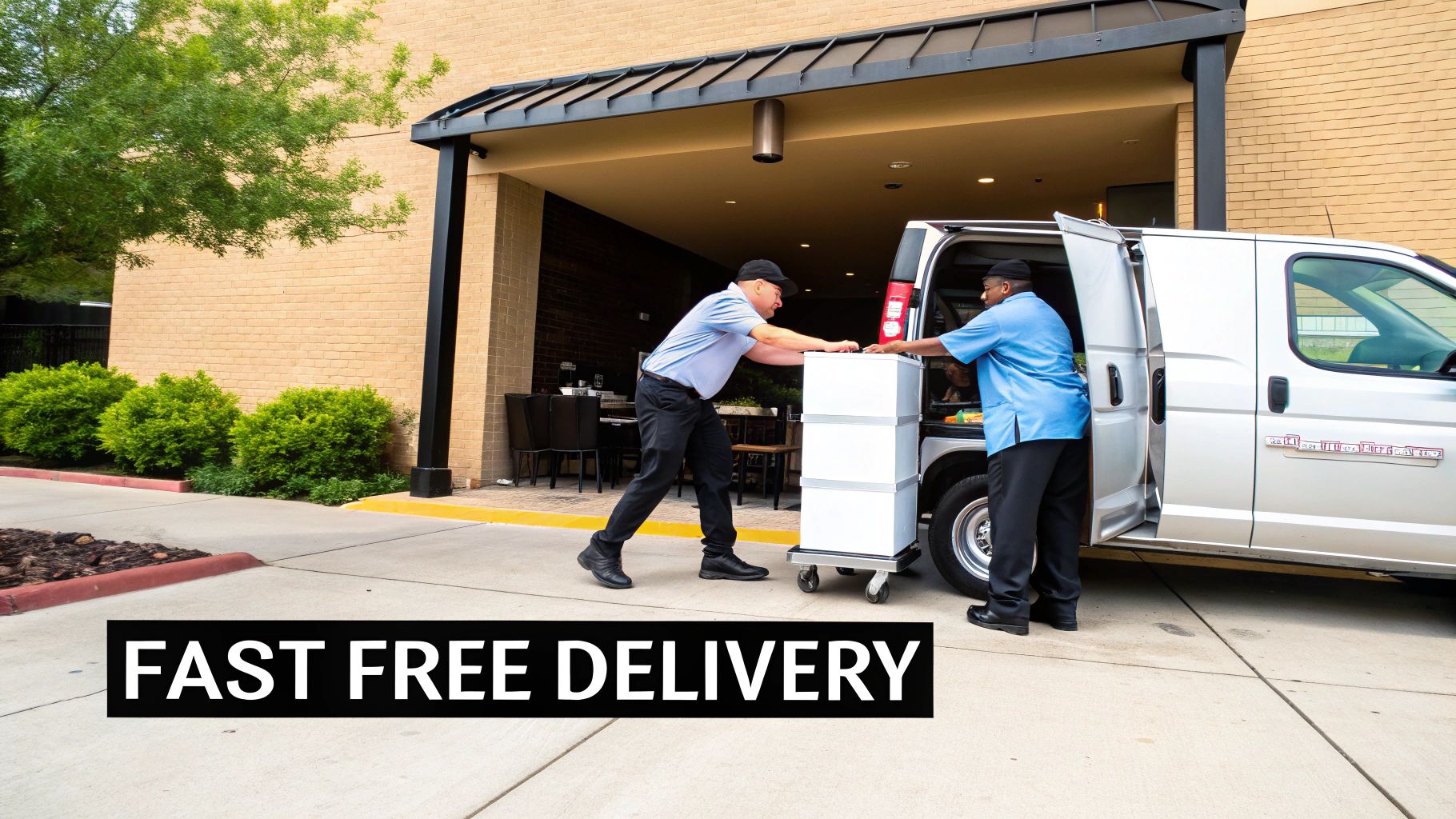 Two delivery men unload white boxes on a cart from a silver van outside a brick building, text overlay 'FAST FREE DELIVERY'.