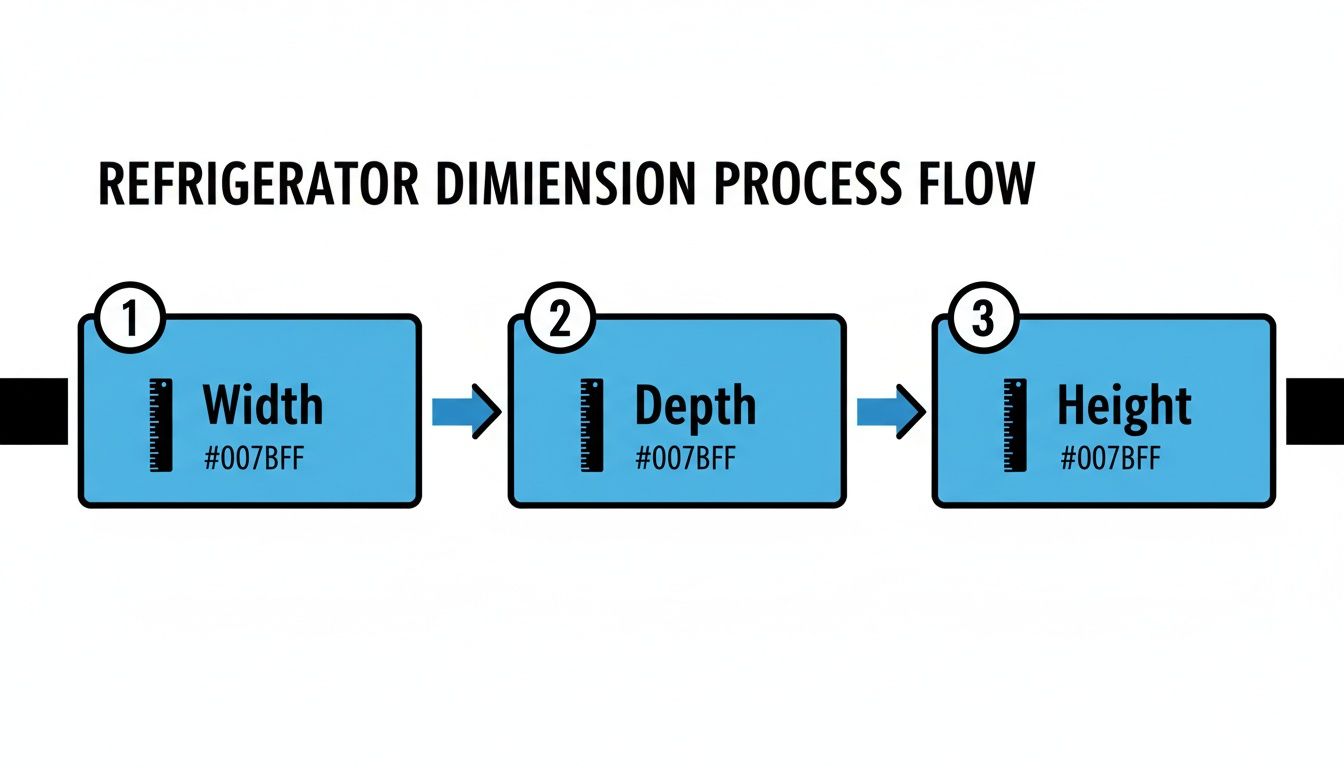 A process flow diagram illustrating the measurement steps for refrigerator dimensions: width, depth, and height.
