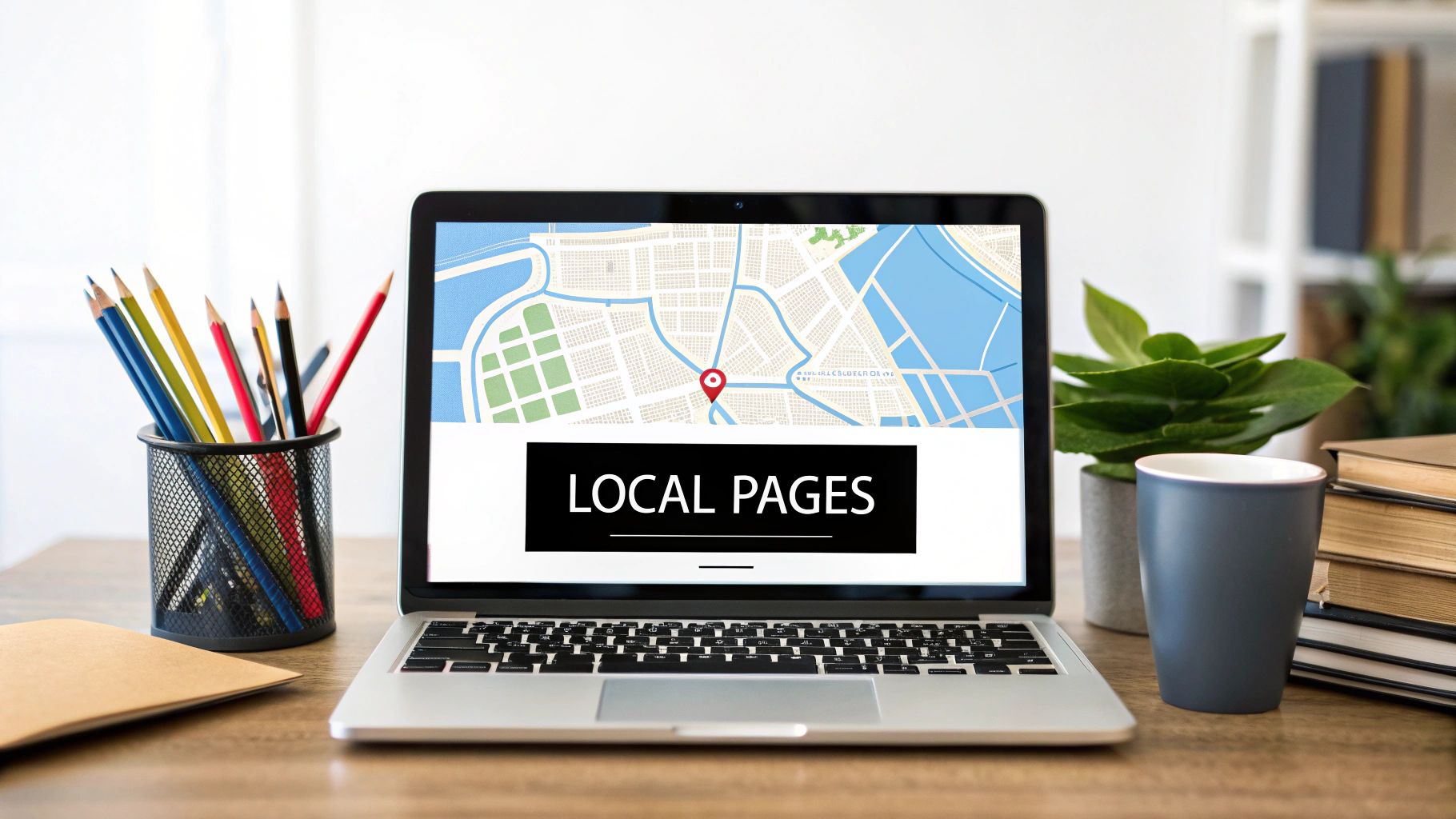 Laptop displaying 'Local Pages' on a map, surrounded by office supplies, a plant, and books on a desk.