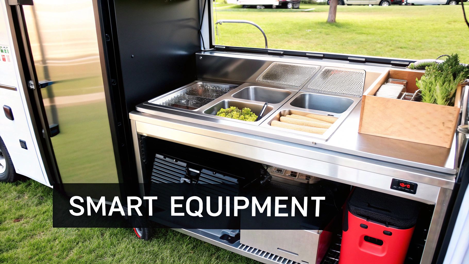 An open food truck kitchen counter with stainless steel food pans, fresh ingredients, and smart equipment.