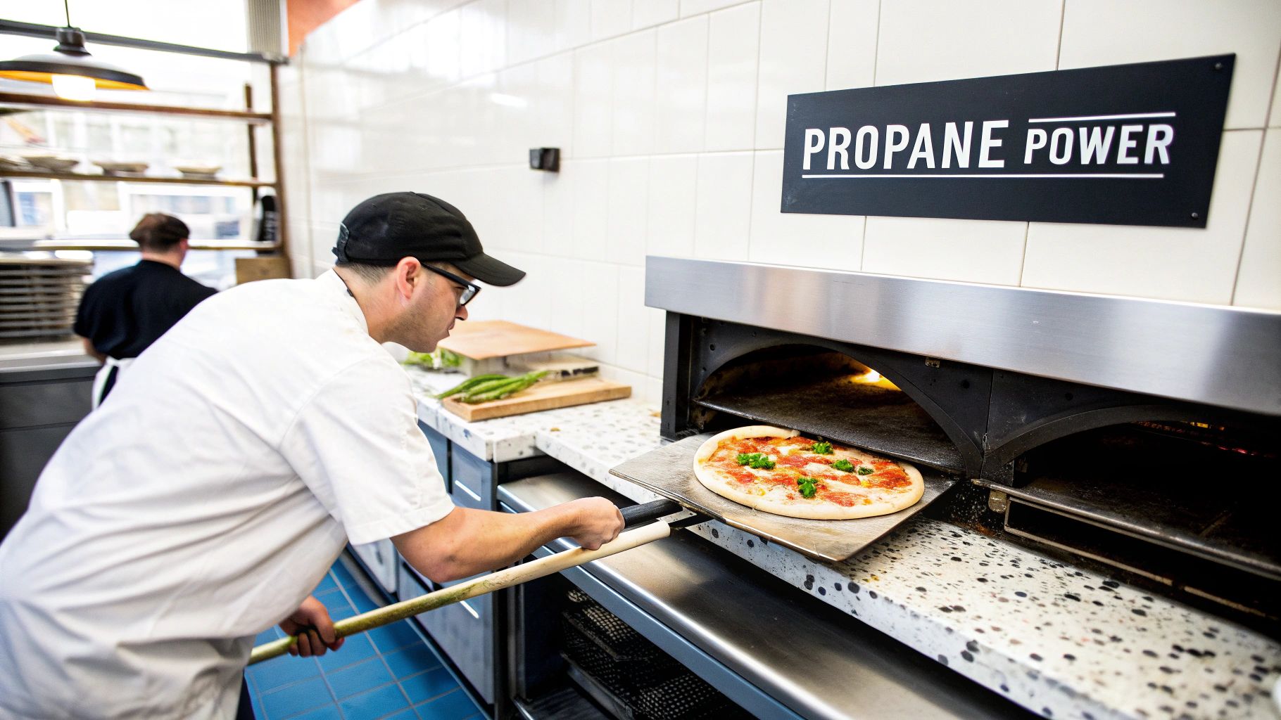 A chef places a fresh pizza into a hot commercial oven fueled by propane.