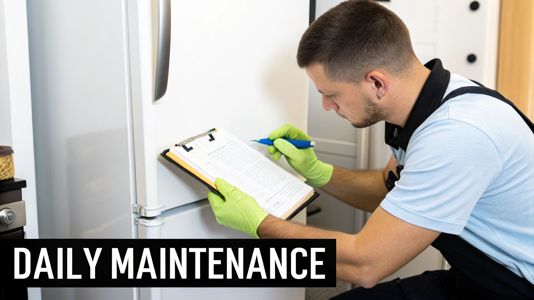 A technician in green gloves performs maintenance on a white commercial refrigerator with a checklist.