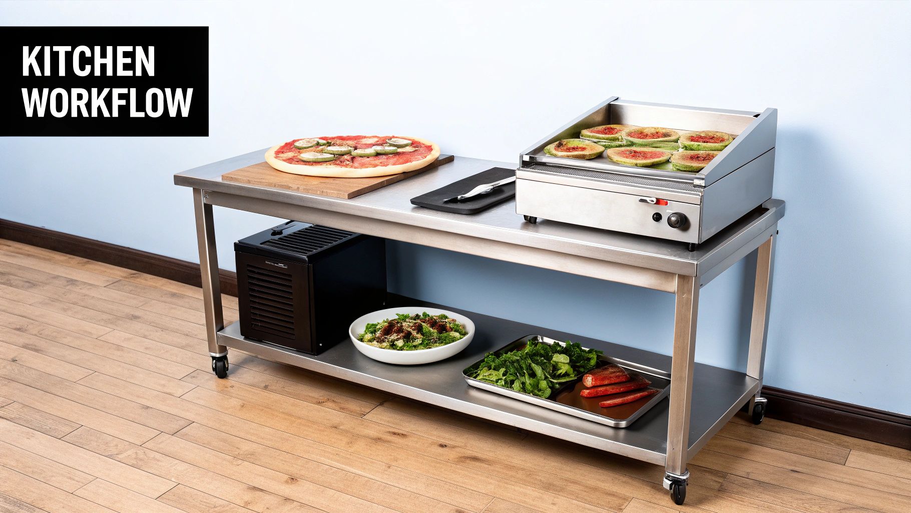 A kitchen workflow setup with a stainless steel table, pizza, griddle, salad, and air purifier.