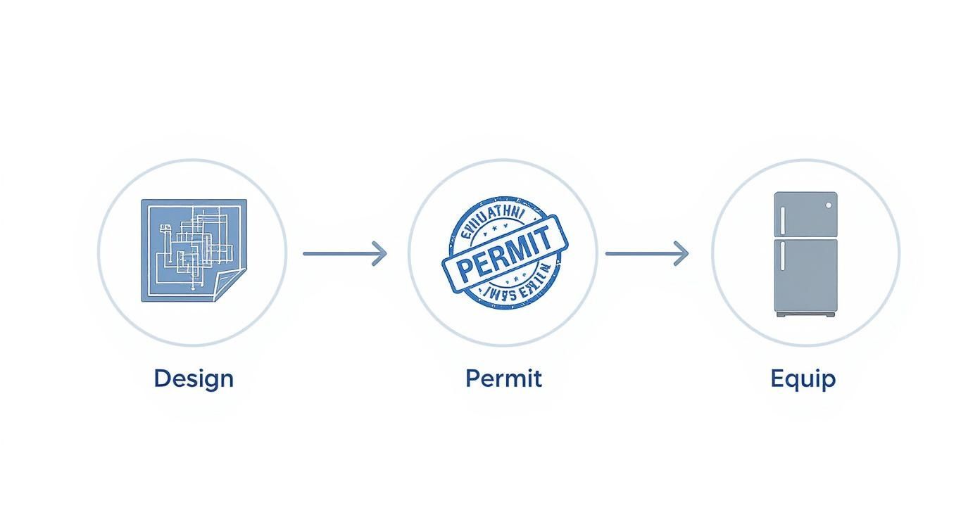 A three-step diagram illustrating the design, permit, and equip stages of a project.