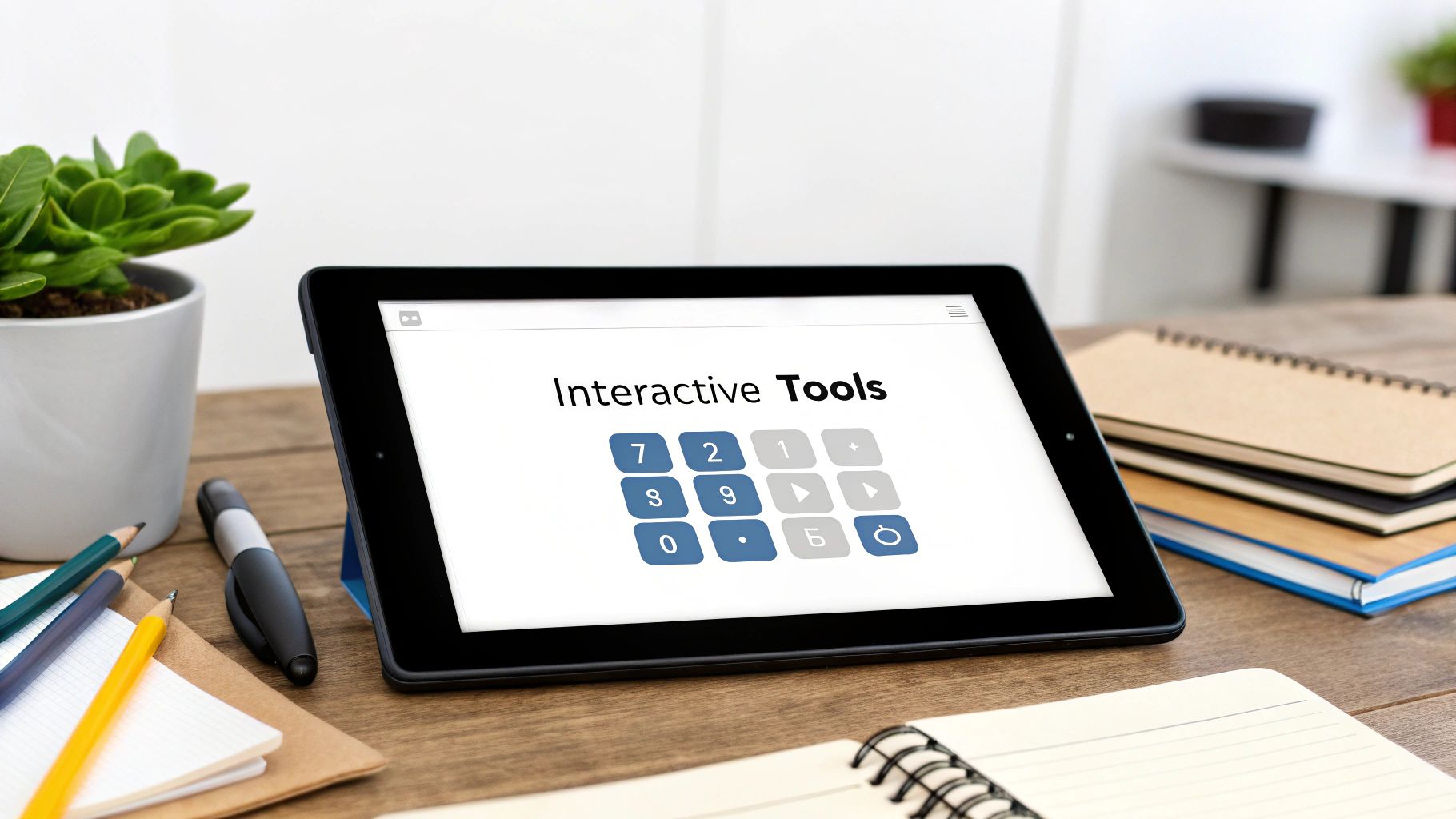 Tablet displaying interactive tools calculator interface on wooden desk with office supplies and plant