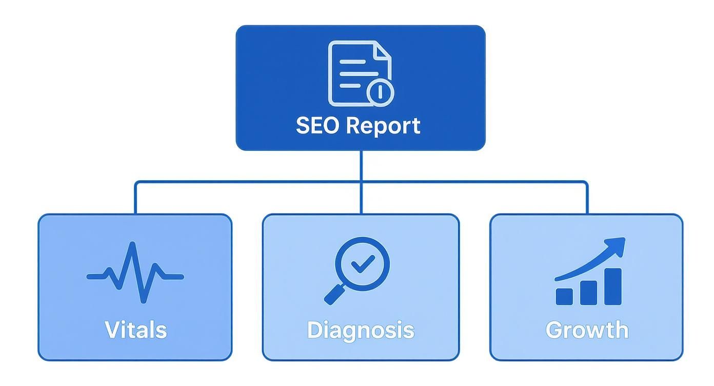 A flowchart showing an SEO report with branches for Vitals, Diagnosis, and Growth, each with a relevant icon.