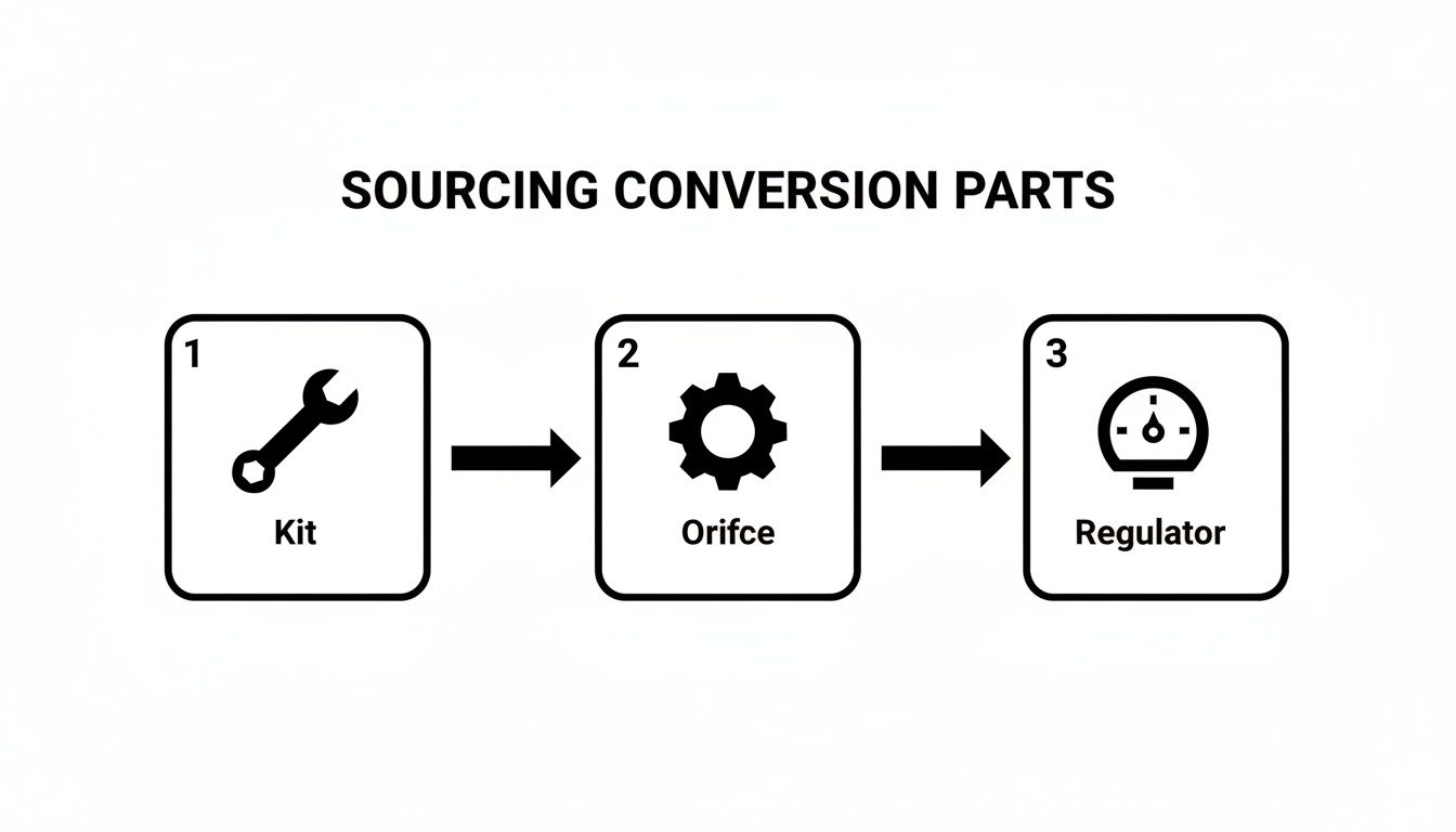 Flowchart illustrating the three steps for sourcing conversion parts: Kit, Orifice, and Regulator.