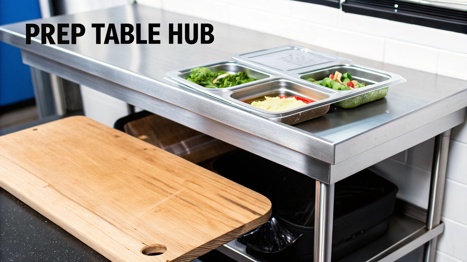 A stainless steel prep table with food containers, ingredients, and a cutting board in a kitchen.