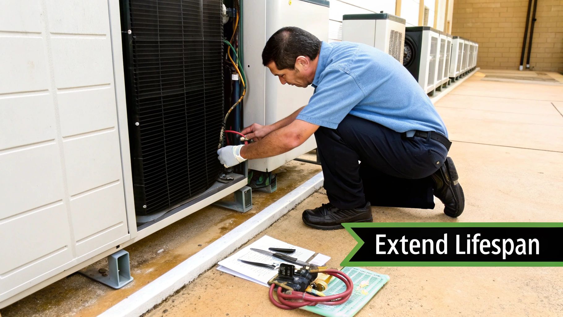 HVAC technician performs maintenance on a large outdoor commercial refrigeration system, with tools.