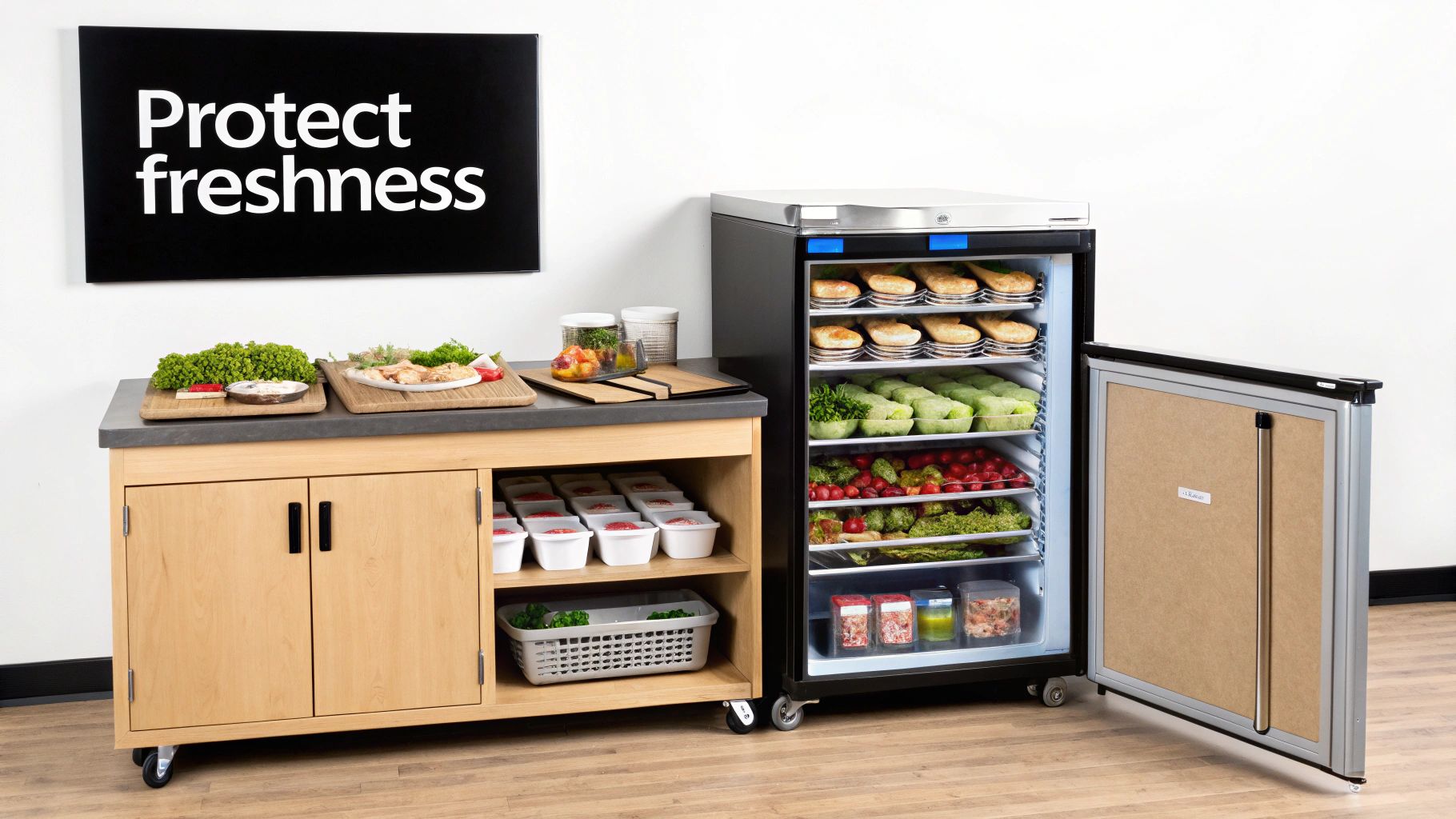 Commercial food station with a mobile cabinet, fresh ingredients, and an open display refrigerator.