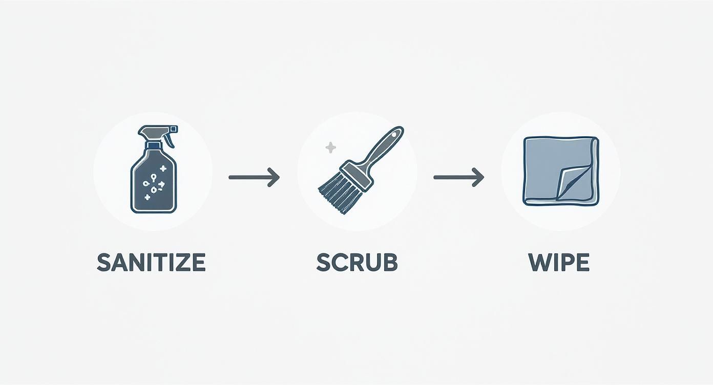 Diagram showing a three-step cleaning process: sanitize with spray, scrub with brush, then wipe with cloth.