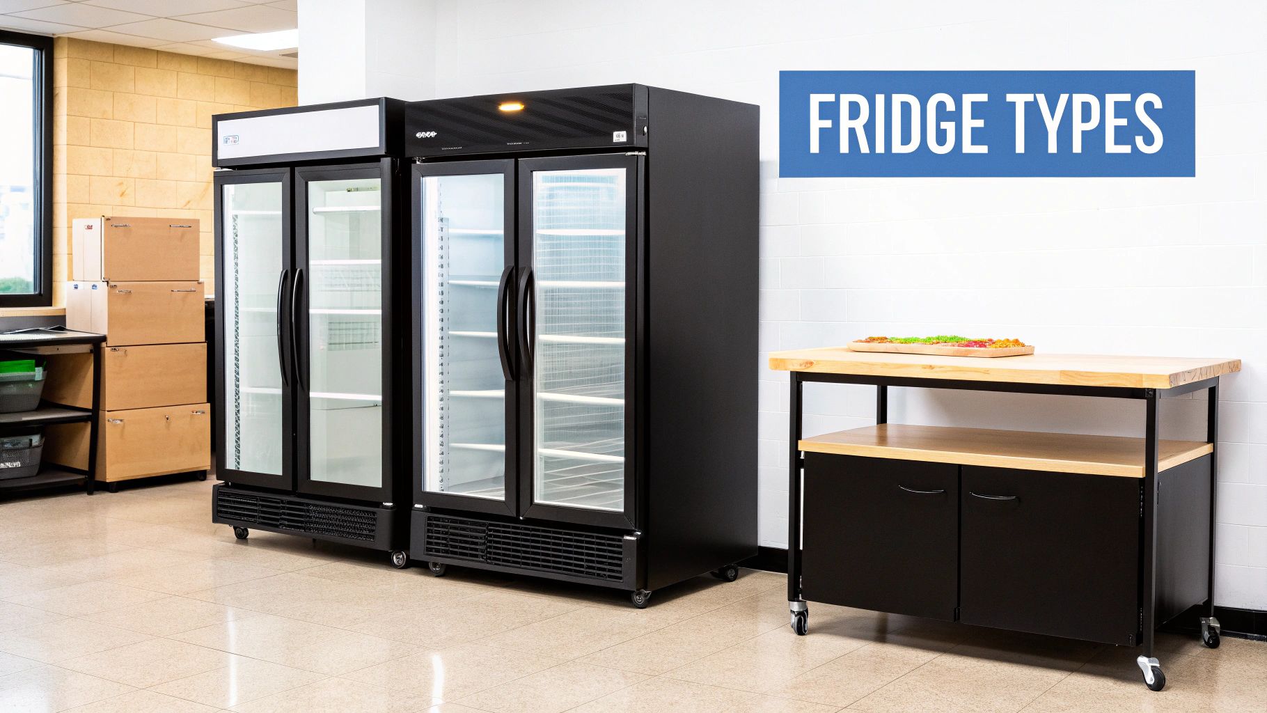 Two black commercial display refrigerators stand next to a rolling utility cart with food prep.