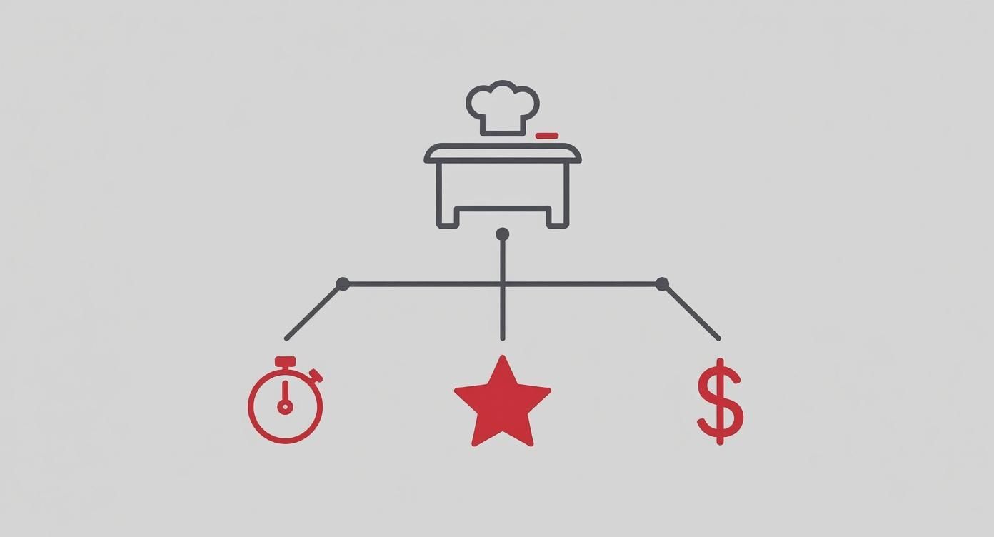 Diagram illustrating a chef's prep table connected to time, quality, and cost metrics.