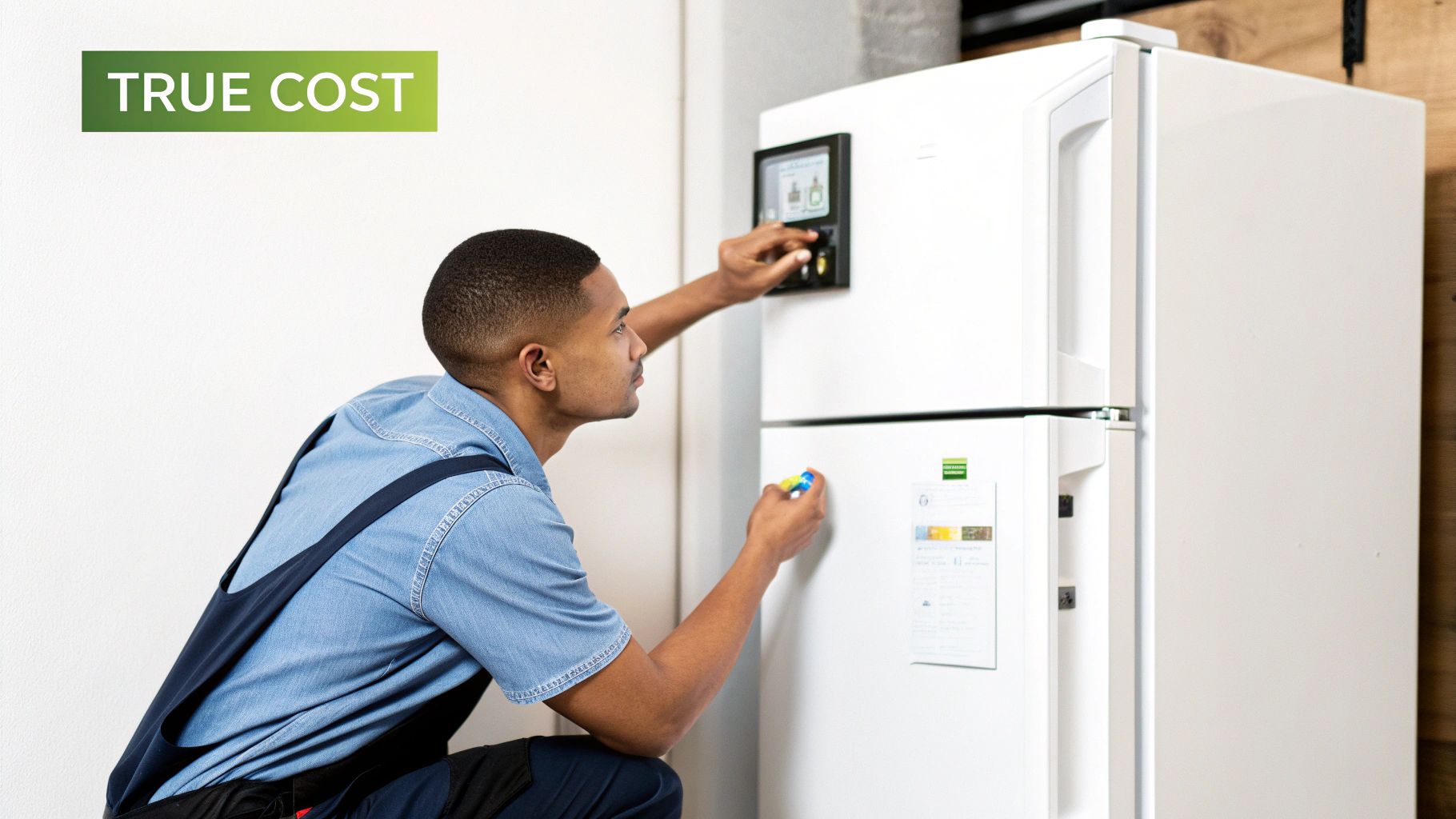 A technician adjusts controls on a white smart refrigerator, reviewing energy costs.