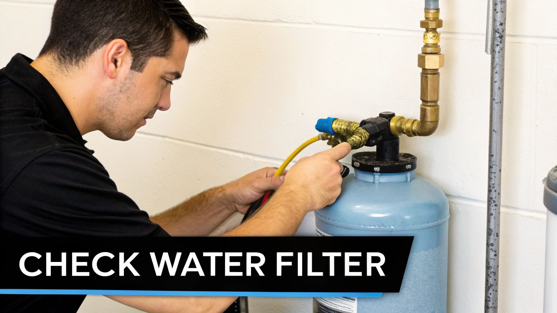 A technician in a black shirt inspecting a blue water filtration system, connecting a yellow hose.