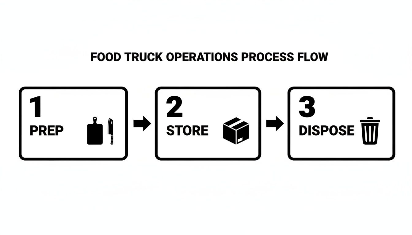 A diagram illustrating the food truck operations process flow with three steps: Prep, Store, and Dispose.