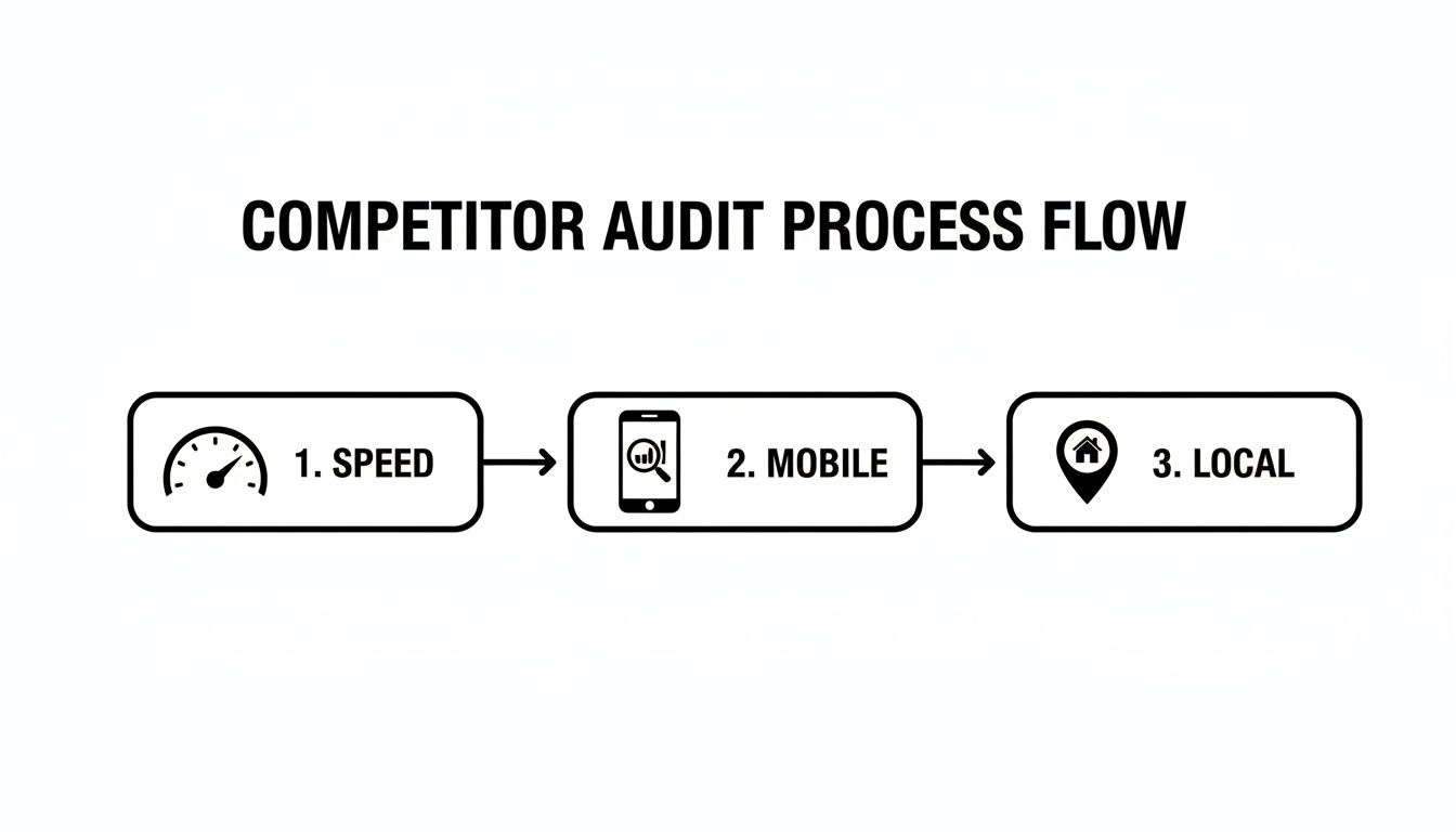 A competitor audit process flow with three steps: speed, mobile, and local analysis.