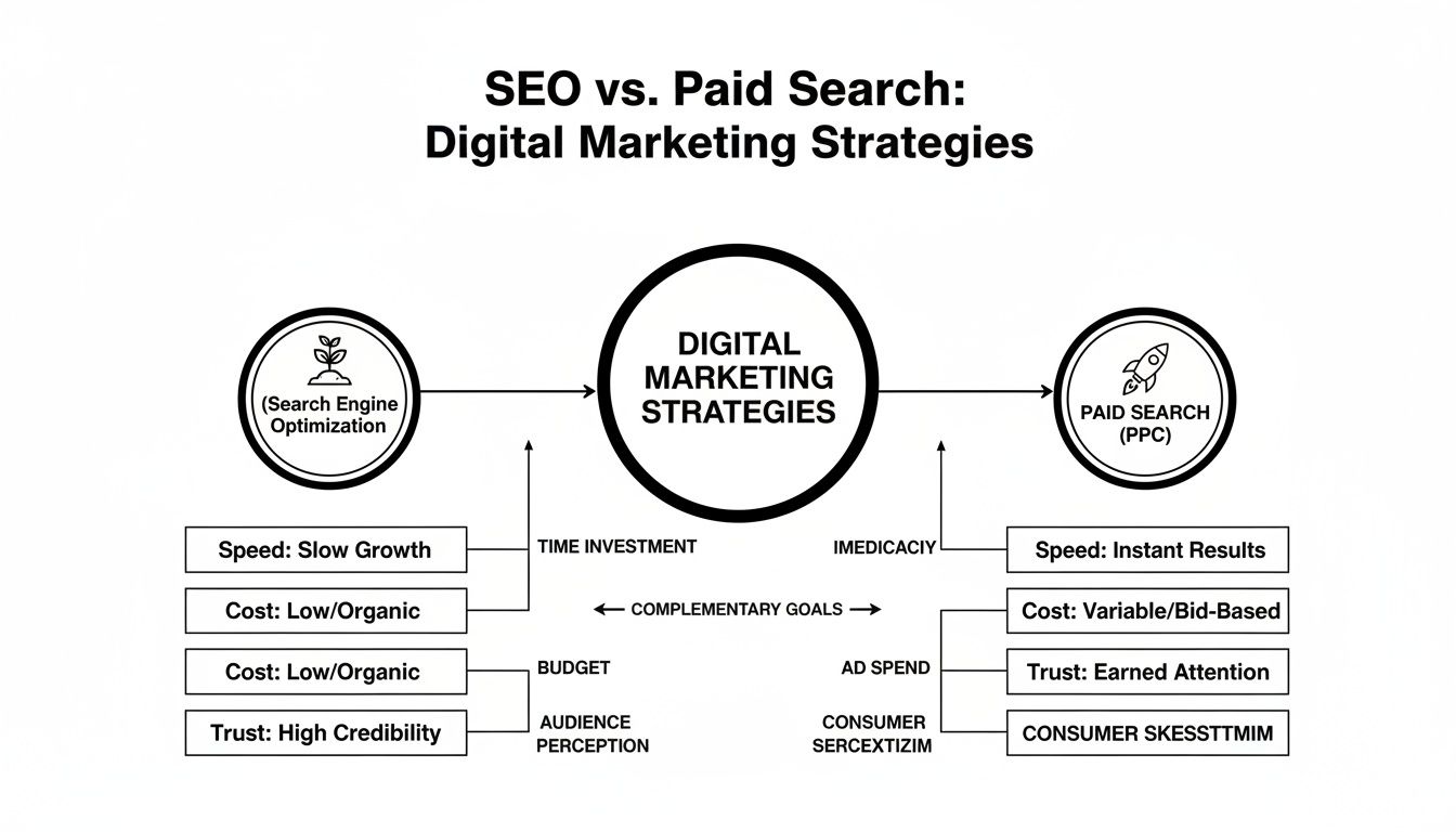 Diagram comparing SEO and Paid Search digital marketing strategies, highlighting differences in speed, cost, and trust.