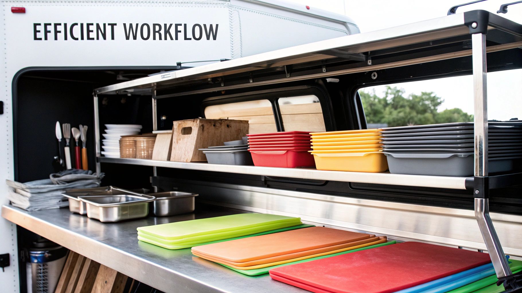 Organized food truck kitchen interior with shelves of colorful containers, cutting boards, and cooking utensils.