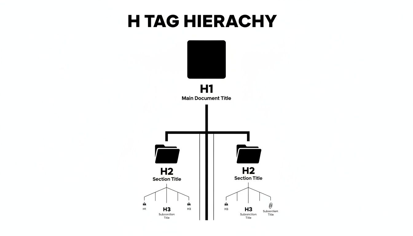 H tag hierarchy diagram illustrating H1 as main document title, H2 as section title, and H3 as subsection title.