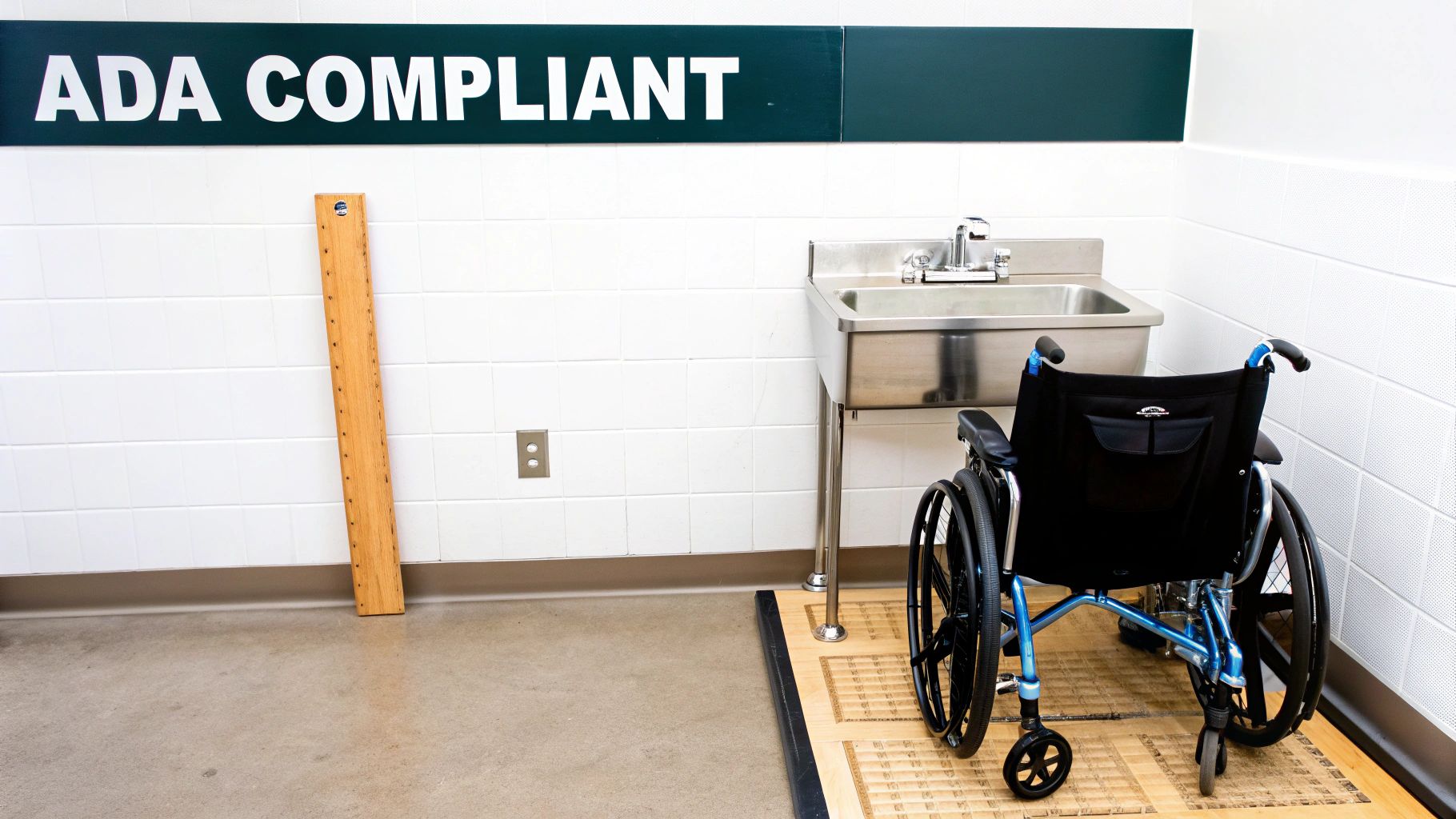An ADA compliant public restroom or utility room with an accessible sink and a wheelchair.